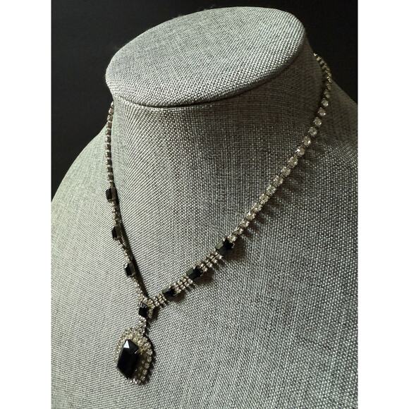 Vintage Rhinestone Statement Y Necklace Black Clear Cocktail Formal Wedding 18” - Picture 2 of 5